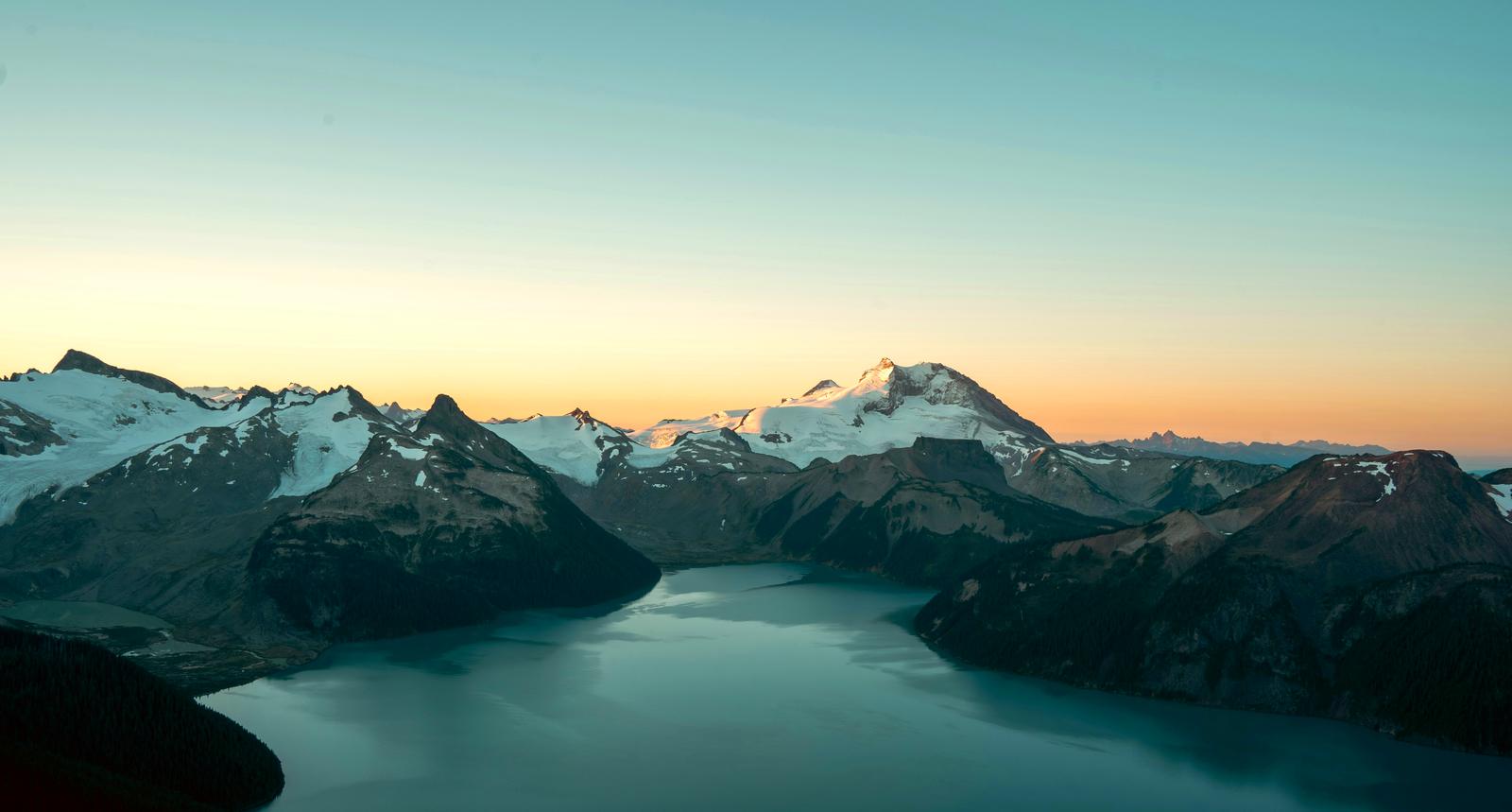 Garibaldi Lake and the peaks above it at sunset, seen from Panorama Ridge near Whistler