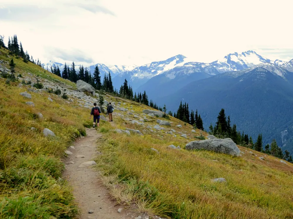 Two hikers on an alpine trail above Whistler, looking across to snow-capped peaks